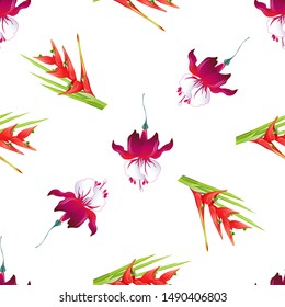 Red Fuchsia. Red Heliconia Bihai. Vector illustration. Seamless background pattern. Floral botanical flower. Wild leaf wildflower isolated. Exotic tropical hawaiian jungle. Fabric wallpaper print.