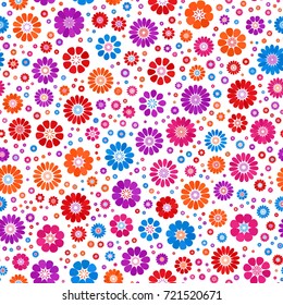 Red fuchsia orange azure purple gradient spot flower seamless pattern on white. Mid century mod abstract floral geometric ornament for prints, textile, fabric, wrapping, package, cover, greeting card