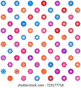 Red fuchsia orange azure purple gradient spot flower seamless pattern on white. Mid century mod abstract floral geometric ornament for prints, textile, fabric, wrapping, package, cover, greeting card