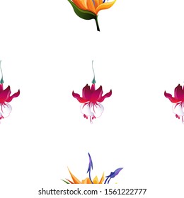Red Fuchsia. Orange Strelitzia. Vector illustration. Seamless background pattern. Floral botanical flower. Wild leaf wildflower isolated. Exotic tropical hawaiian jungle. Fabric wallpaper print.