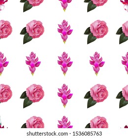 Red Fuchsia. Pink Balsam. Pink Ginger. Vector illustration. Seamless background pattern. Floral botanical flower. Wild leaf wildflower isolated. Exotic tropical hawaiian jungle. Fabric wallpaper.