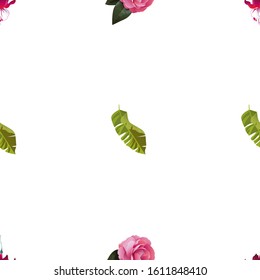 Red Fuchsia. Pink Balsam. Green Palm Leaf. Vector illustration. Seamless background pattern. Floral botanical flower. Wild leaf wildflower isolated. Exotic tropical hawaiian jungle. Fabric wallpaper.