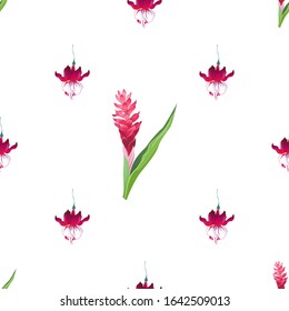 Red Fuchsia. Red and Pink Ginger. Vector illustration. Seamless background pattern. Floral botanical flower. Wild leaf wildflower isolated. Exotic tropical hawaiian jungle. Fabric wallpaper print.