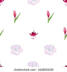 Red Fuchsia. Red and Pink Ginger. White Camellia. Vector illustration. Seamless background pattern. Floral botanical flower. Wild leaf wildflower isolated. Exotic tropical hawaiian jungle. Fabric.
