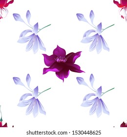 Red Fuchsia. Violet Agapanthus Lily. Purple Clematis. Vector illustration. Seamless background pattern. Floral botanical flower. Wild leaf wildflower isolated. Exotic tropical hawaiian jungle.