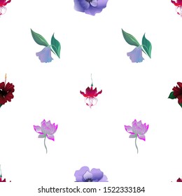 Red Fuchsia. Violet Anemone. Red Rose Mallow. Purple Bllflower. Purple Lotus. Vector illustration. Seamless background pattern. Floral botanical flower. Wild leaf wildflower isolated. Exotic.