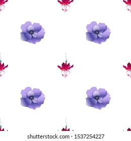 Red Fuchsia. Violet Anemone. Vector illustration. Seamless background pattern. Floral botanical flower. Wild leaf wildflower isolated. Exotic tropical hawaiian jungle. Fabric wallpaper print texture.