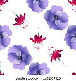 Red Fuchsia. Violet Anemone. Vector illustration. Seamless background pattern. Floral botanical flower. Wild leaf wildflower isolated. Exotic tropical hawaiian jungle. Fabric wallpaper print texture.