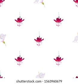 Red Fuchsia. White Hibiscus. Vector illustration. Seamless background pattern. Floral botanical flower. Wild leaf wildflower isolated. Exotic tropical hawaiian jungle. Fabric wallpaper print texture.