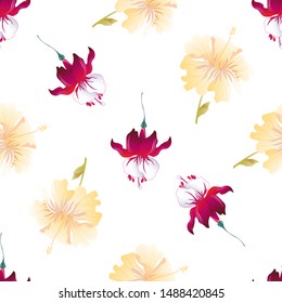 Red Fuchsia. Yellow hibiscus. Vector illustration. Seamless background pattern. Floral botanical flower. Wild leaf wildflower isolated. Exotic tropical hawaiian jungle. Fabric wallpaper print texture.