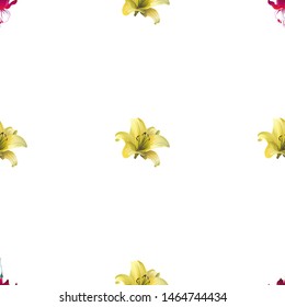 Red Fuchsia. Yellow Lilium. Vector illustration. Seamless background pattern. Floral botanical flower. Wild leaf wildflower isolated. Exotic tropical hawaiian jungle. Fabric wallpaper print texture.