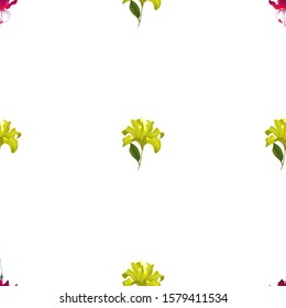 Red Fuchsia. Yellow Lilium. Vector illustration. Seamless background pattern. Floral botanical flower. Wild leaf wildflower isolated. Exotic tropical hawaiian jungle. Fabric wallpaper print texture.
