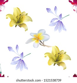 Red Fuchsia. Yellow Lilium. Violet Agapanthus Lily. White Plumeria. Vector illustration. Seamless background pattern. Floral botanical flower. Wild leaf wildflower isolated. Exotic tropical hawaiian.