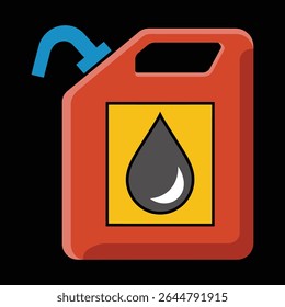 Red fuel canister with a yellow label featuring a dark gray oil drop and a blue spout Simple flat design