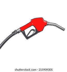 Red fuel nozzle with hose isolated on a white background. Color line art. Retro design. Vector illustration.