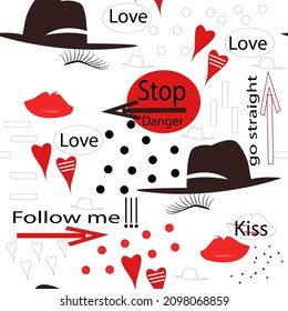 Red full lips, eyelashes, black hat, hearts, black and red circles and inscriptions on a white background, vector pattern