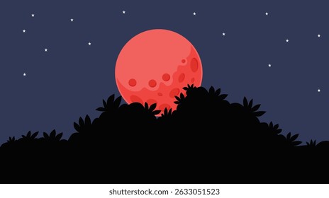 Red Full Moon behind the silhouette of leaves with starry sky, nature concept background