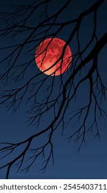 Céu noite lua cheia vermelho com árvore galhos silhueta
