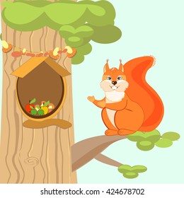 Red fun squirrel invites to his home the hollow on the tree for a meal of mushrooms and apples