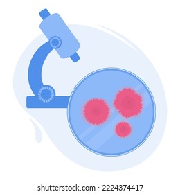 Hongos rojos en placa de petri. El moho espora el crecimiento de la cultura. Esporas fúngicas leves bajo el microscopio. Ilustración vectorial.