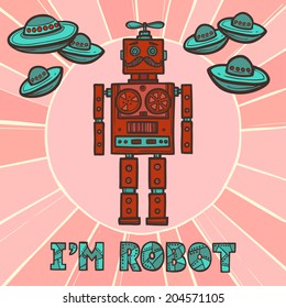 Red funky robot hipster retro fashion humanoid design with ufo poster vector illustration