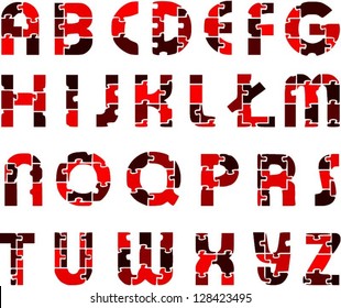 Red funny alphabet letters made of puzzles. Vector cool font.