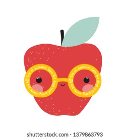 Red funny apple with glasses and slogan. Fashion kids print. Vector hand drawn illustration.