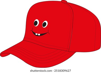 Boné de beisebol engraçado vermelho com sorriso pintado, desenho de ilustração de desenhos animados de arte vetorial