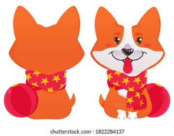 
Red funny cartoon dog. A puppy in a scarf, with his tongue out and with a toy ball. Front and back views. Vector illustration for children, corgi. Year of the dog, chinese new year
