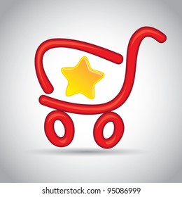 Red funny cartoon shopping cart with star symbol, favorite shopping concept, vector illustration