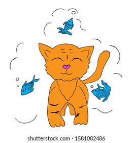 
Red funny cat with closed eyes, dreaming of blue fish.