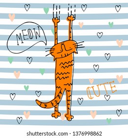 Red funny cat in cute style on striped background. Vector