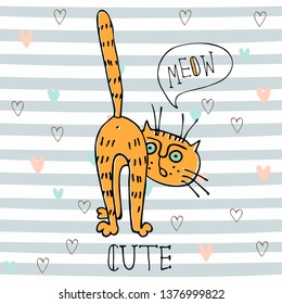 Red funny cat in cute style on striped background. Vector