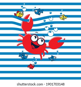 Red funny crab on blue stripe. Sea print for children's T-shirts.