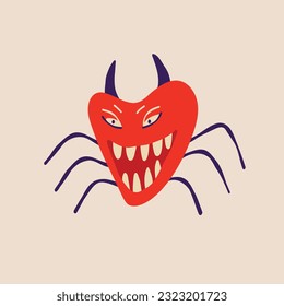 Red Funny creepy spider with angry face. Halloween Illustration in a modern childish hand-drawn style