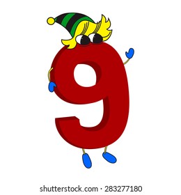 Red with funny face 3D number 9 (nine) with legs and hands for children  isolated on white background