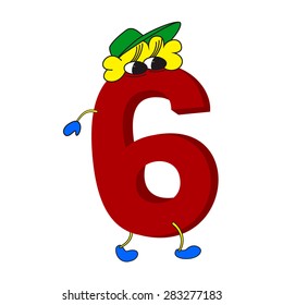 Red with funny face 3D number 6 (six) with legs and hands for children  isolated on white background