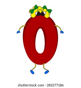 Red with funny face 3D number 0 (zero) with legs and hands for children  isolated on white background