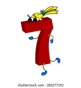 Red with funny face 3D number 7 (seven) with legs and hands for children  isolated on white background