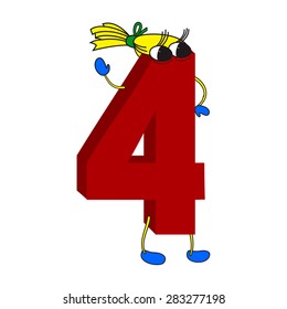 Red with funny face 3D number 4 (four) with legs and hands for children  isolated on white background
