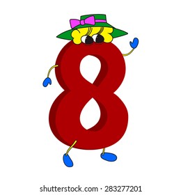 Red with funny face 3D number 8 (eight) with legs and hands for children  isolated on white background