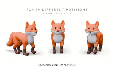 Red funny fox, view from different sides. Vector predator in cartoon style