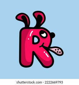 red funny letter R  in the form of a monster with a face and tongue sticking out, cheerful playful and surprised, with shadow and highlights, doodle