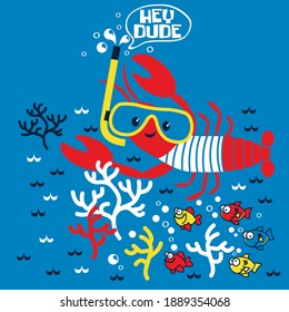 Red funny lobster in a swimming mask swims with fish among the corals. Sea print for children's T-shirts.