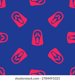 Red Funny and scary ghost mask for Halloween icon isolated seamless pattern on blue background. Happy Halloween party.  Vector