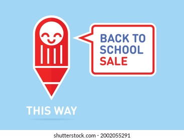 Red funny school supplies place of sale icon and information banner - dialog box - back to school sale. Eps10 flat design. Vector illustration.