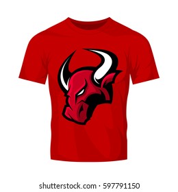 Red furious bull head sport vector logo concept isolated on red t-shirt mockup. Professional team badge design. Premium quality wild animal t-shirt tee print illustration.