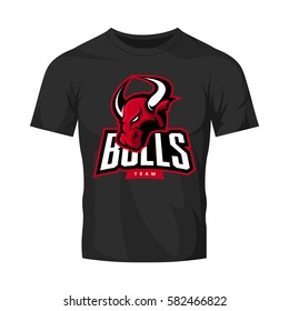 Red Furious Bull Sport Vector Logo Concept Isolated On Black T-shirt Mockup. Modern Web Infographic Professional Team Pictogram. Premium Quality Wild Animal T-shirt Tee Print Illustration.