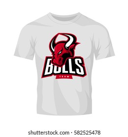 Red furious bull sport vector logo concept isolated on white t-shirt mockup. Modern web infographic professional team pictogram. Premium quality wild animal t-shirt tee print illustration.