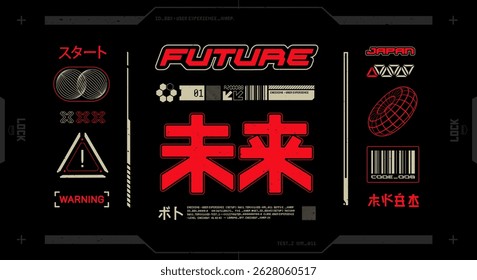Red Futuristic elements in Cyberpunk style for t-shirt print design. Futuristic HUD elements with Japanese text inscription. Y2k futuristic background for silkscreen clothing